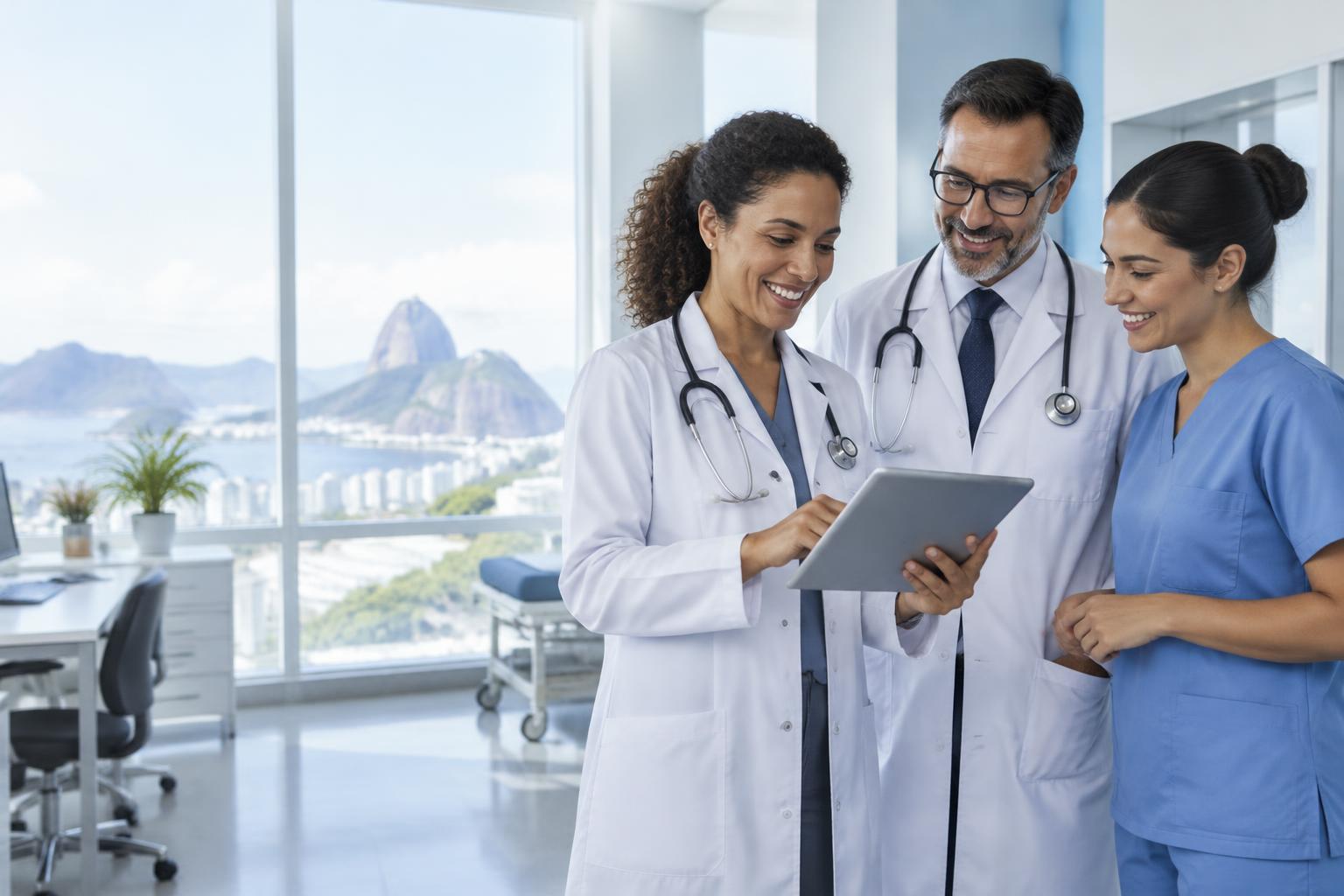 Equipe de médicos e enfermagem compartilhando conhecimentos em um ambiente clínico