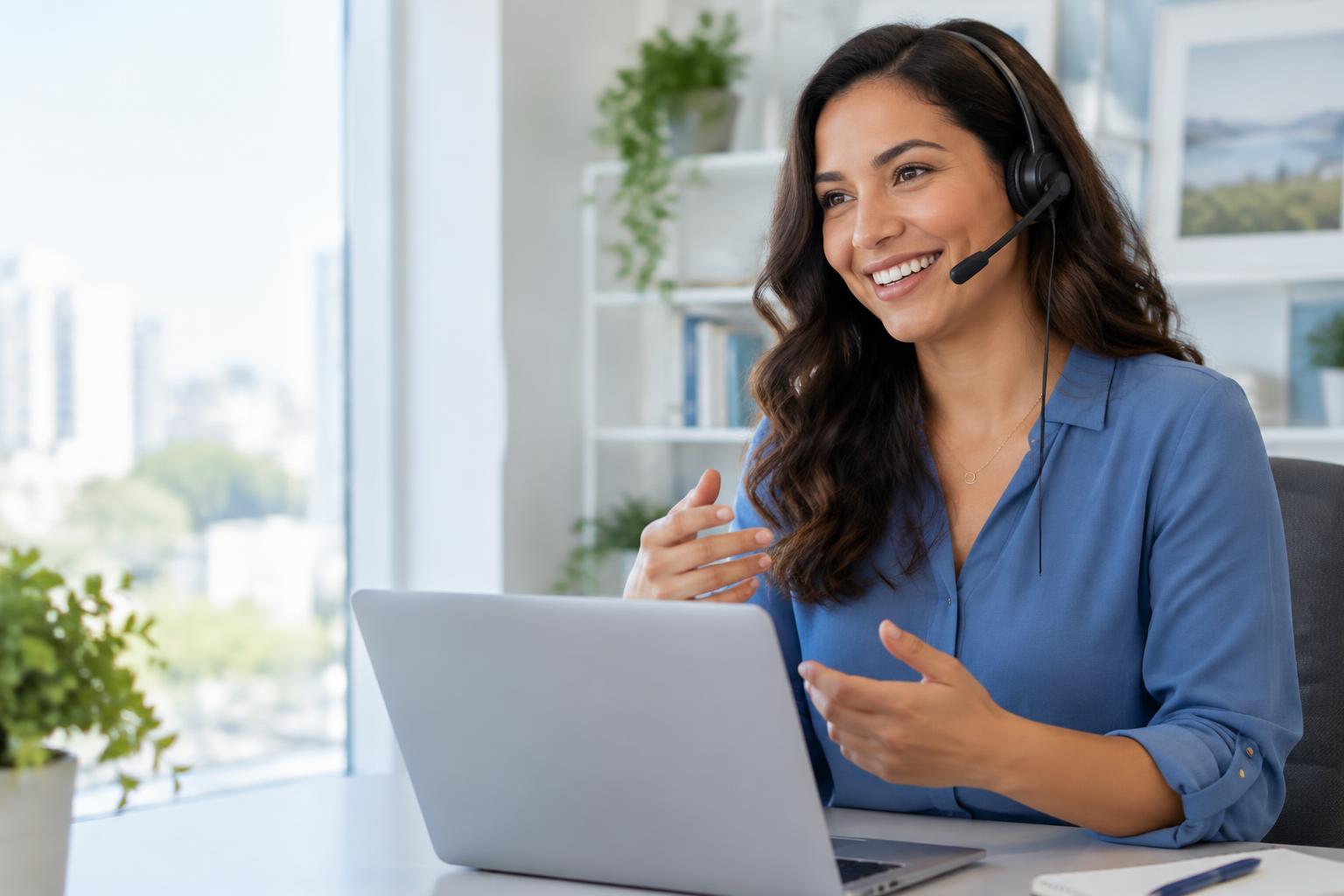 Consultora com headset conversando em um ambiente profissional