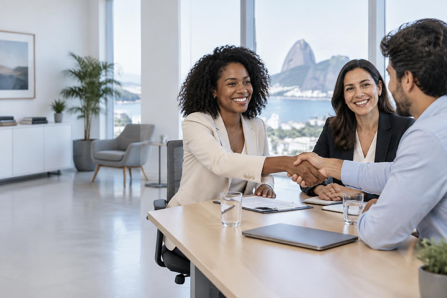 Empreendedores e consultora em uma reunião de parceria
