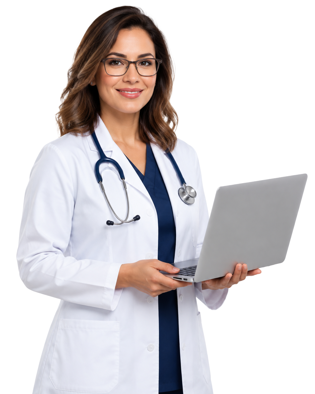 Médica com laptop, representando o atendimento digital da Televida